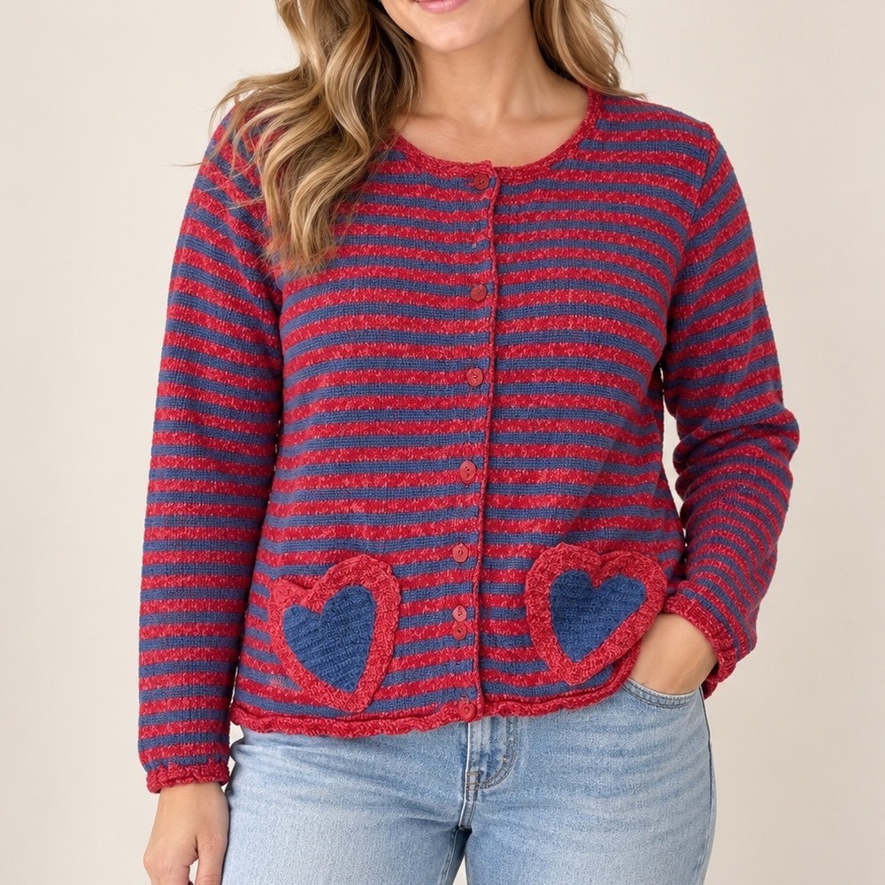 CJ Banks Heart Embroidered Striped Cardigan Sweater Red Blue Plus 1X 6311 f5